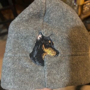 Gray Fleece Hat with Doberman Pincher
